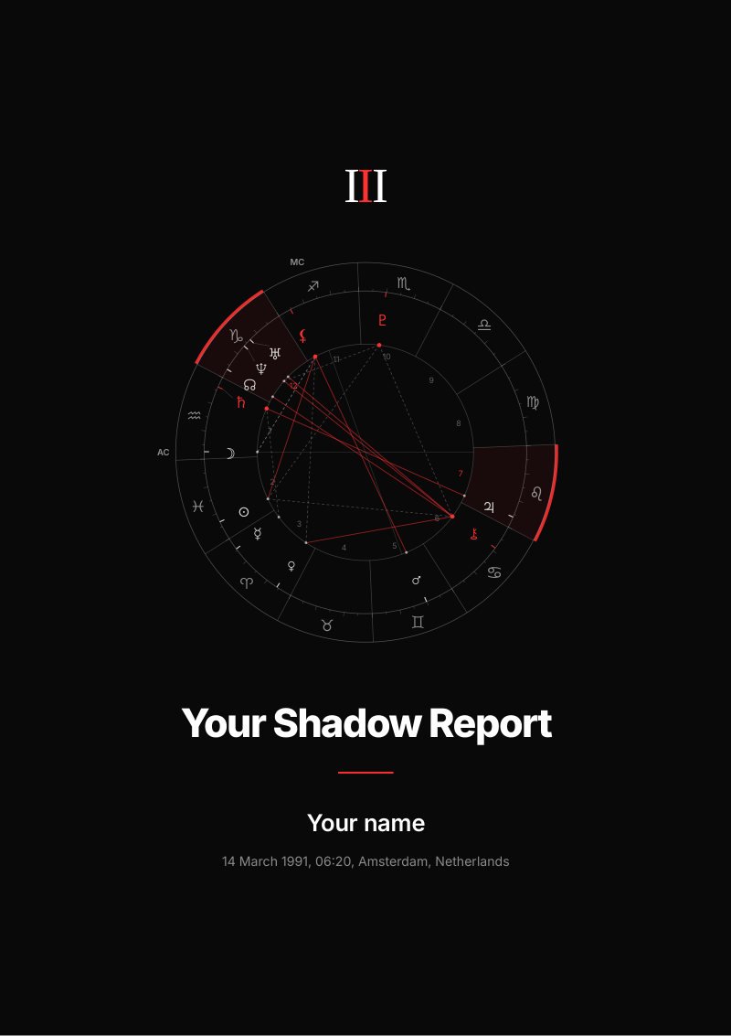 The cover of a Shadow Report, with the reader's own birth chart and the six places of the shadow in red